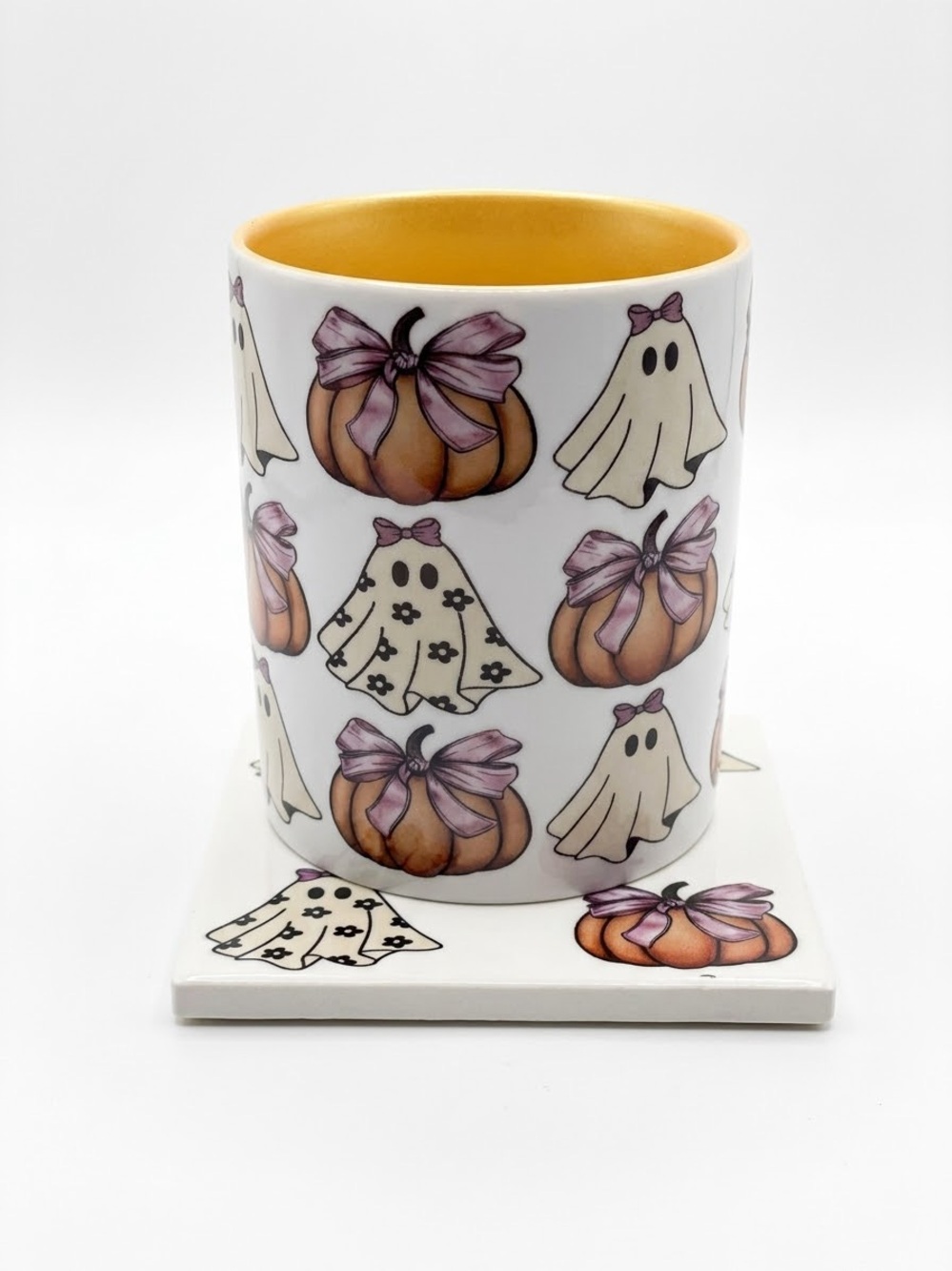 Halloween Pumpkin & Ghost Ceramic Mug - White with matching coaster, NEW
